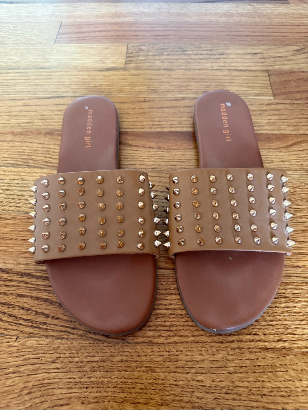 Madden Girl Tan Brown Studded Slide Sandals